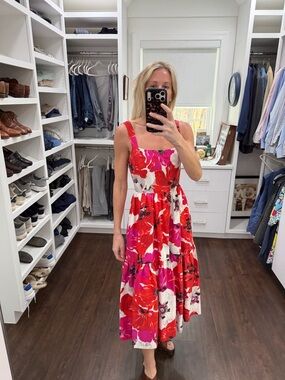 Tanya Taylor Floral Square-Neck Midi Dress in Red and Pink 4